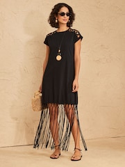 Negro - Love & Roses Cap Sleeve Fringe Midi Dress - Imagen 1 de 5