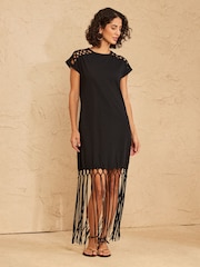 Negro - Love & Roses Cap Sleeve Fringe Midi Dress - Imagen 3 de 5