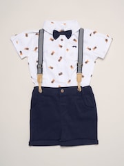 Little Gent Blue Mock Shirt Bear Print Bodysuit Bowtie And Shorts With Braces Outfit Set - Image 1 of 5