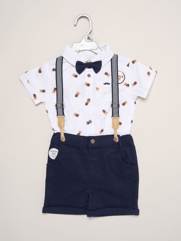 Little Gent Blue Mock Shirt Bear Print Bodysuit Bowtie And Shorts With Braces Outfit Set - Image 2 of 5