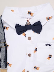 Little Gent Blue Mock Shirt Bear Print Bodysuit Bowtie And Shorts With Braces Outfit Set - Image 3 of 5