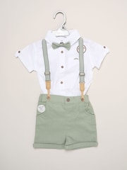 Little Gent Green Mock Shirt Bodysuit Shorts And Bowtie Outfit Set - Image 2 of 3