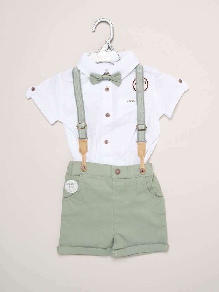 Little Gent Green Mock Shirt Bodysuit Shorts And Bowtie Outfit Set - Image 2 of 3 Little Gent Green Mock Shirt Bodysuit Shorts And Bowtie Outfit Set - Image 2 of 3