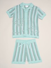 Little Gent Blue Beach Embroidered True Knit Stripe Shirt And Shorts Set - Image 1 of 5