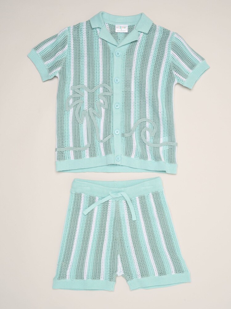 Little Gent Blue Beach Embroidered True Knit Stripe Shirt And Shorts Set - Image 1 of 5