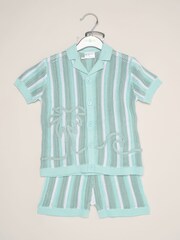Little Gent Blue Beach Embroidered True Knit Stripe Shirt And Shorts Set - Image 2 of 5
