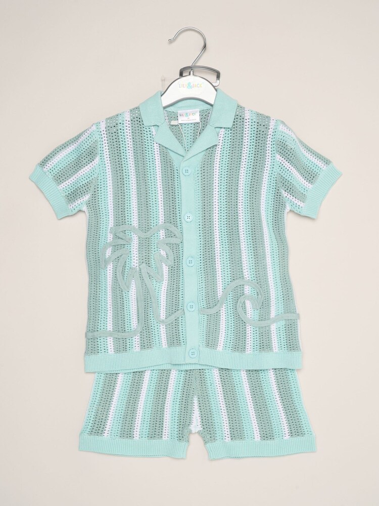 Little Gent Blue Beach Embroidered True Knit Stripe Shirt And Shorts Set - Image 2 of 5