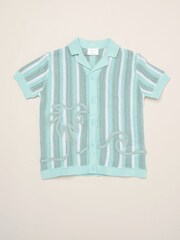 Little Gent Blue Beach Embroidered True Knit Stripe Shirt And Shorts Set - Image 3 of 5