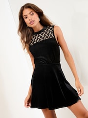 Lipsy Black Velvet High Waist Skater Mini Skirt - Image 3 of 4
