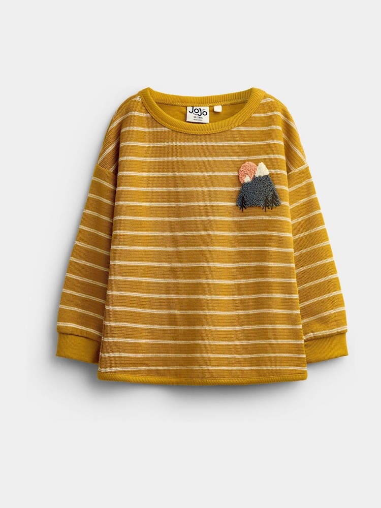 Jojo Maman Bébé Mustard Yellow Mountain Stripe Long Sleeve Appliqué Top - Image 1 of 4 Jojo Maman Bébé Mustard Yellow Mountain Stripe Long Sleeve Appliqué Top - Image 1 of 4