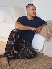 Navy Blue Short Sleeve Cosy Check Jersey Pyjamas Set - Image 1 of 7