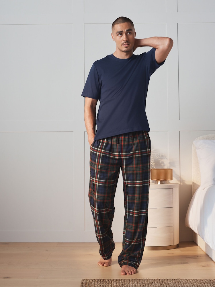 Navy Blue Short Sleeve Cosy Check Jersey Pyjamas Set - Image 2 of 7 Navy Blue Short Sleeve Cosy Check Jersey Pyjamas Set - Image 2 of 7
