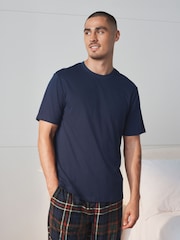 Navy Blue Short Sleeve Cosy Check Jersey Pyjamas Set - Image 5 of 7