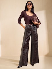 Friends Like These Chocolate Brown Croc Faux Leather Tailored Wide Leg Trousers - Image 1 of 5