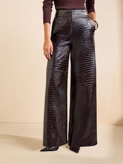 Friends Like These Chocolate Brown Croc Faux Leather Tailored Wide Leg Trousers - Image 2 of 5