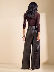 Friends Like These Chocolate Brown Croc Faux Leather Tailored Wide Leg Trousers - Image 5 of 5