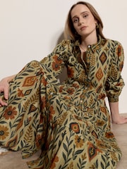 Apricot Green Floral Leaves Tiered Shirt Midi Dress - Image 4 of 4