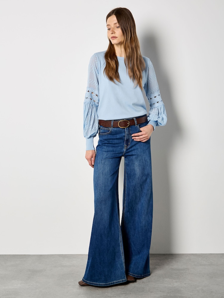 Apricot Blue Chiffon Crochet Sleeves Jumper - Image 1 of 3