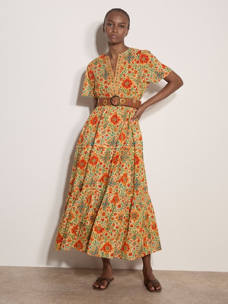 Apricot Orange Stain Glass Floral Tiered Midaxi Dress - Image 1 of 5 Apricot Orange Stain Glass Floral Tiered Midaxi Dress - Image 1 of 5