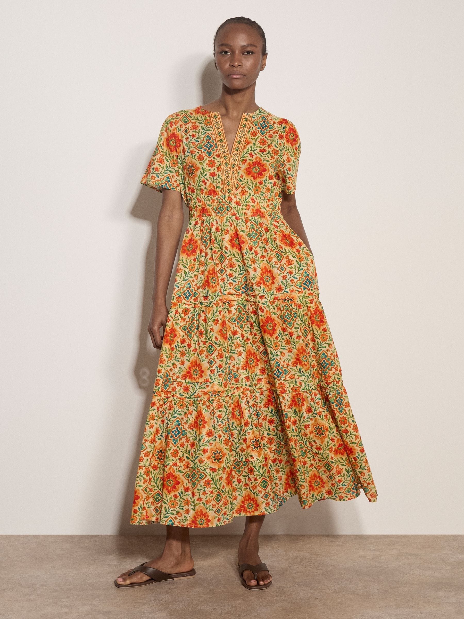 Buy Apricot Orange Stain Glass Floral Tiered Midaxi Dress from the