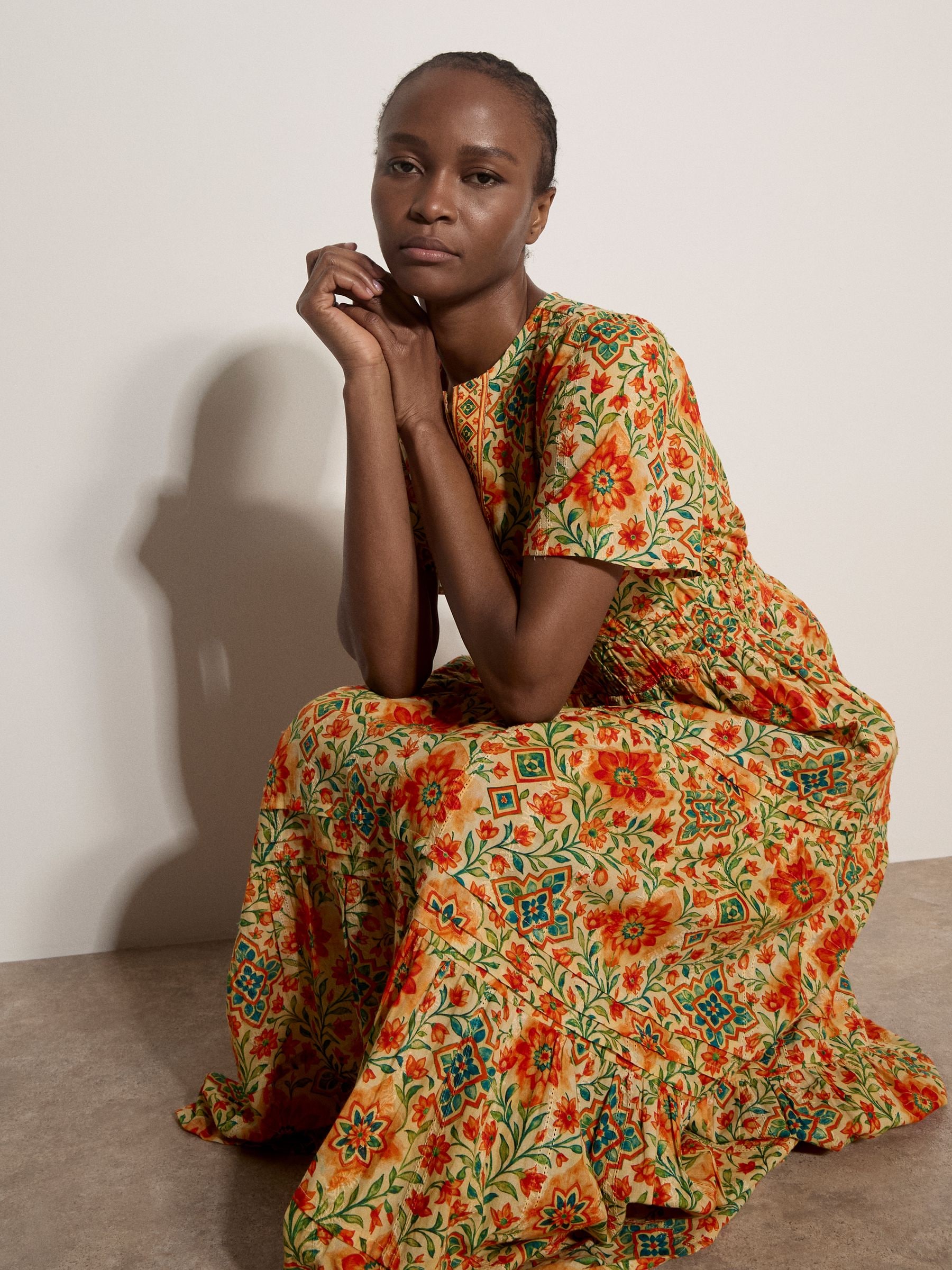 Buy Apricot Orange Stain Glass Floral Tiered Midaxi Dress from the