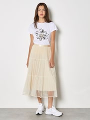 Apricot Natural Bow Tiered Mesh Midi Skirt - Image 1 of 3