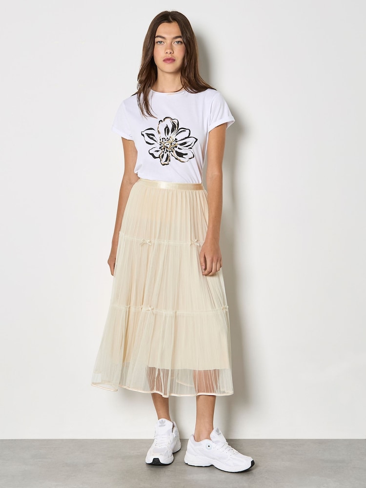 Apricot Natural Bow Tiered Mesh Midi Skirt - Image 1 of 3