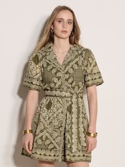 Apricot Green Scarf Print Shirt Mini Dress - Image 1 of 4