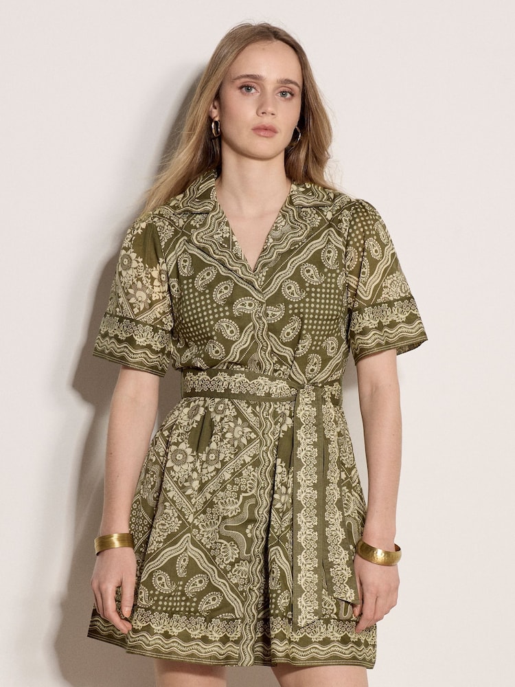Apricot Green Scarf Print Shirt Mini Dress - Image 1 of 4 Apricot Green Scarf Print Shirt Mini Dress - Image 1 of 4