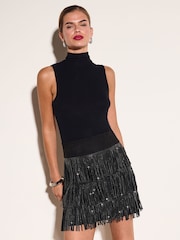 Friends Like These Black Embellished Fringe Faux Suede Mini Skirt - Image 1 of 5