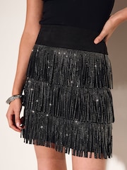 Friends Like These Black Embellished Fringe Faux Suede Mini Skirt - Image 2 of 5