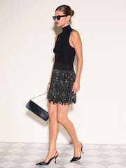 Friends Like These Black Embellished Fringe Faux Suede Mini Skirt - Image 3 of 5