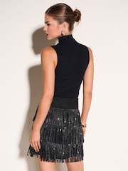 Friends Like These Black Embellished Fringe Faux Suede Mini Skirt - Image 4 of 5