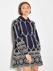 Apricot Blue Broderie Anglaise Cotton Swing Mini Dress - Image 1 of 3