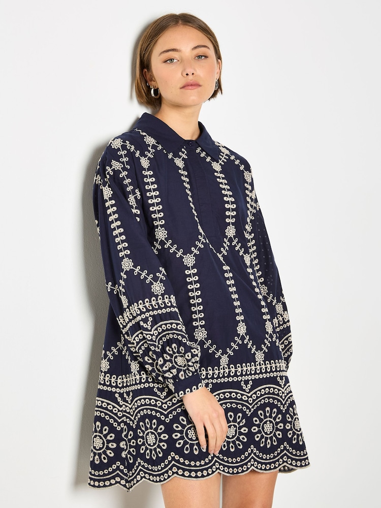 Apricot Blue Broderie Anglaise Cotton Swing Mini Dress - Image 1 of 3 Apricot Blue Broderie Anglaise Cotton Swing Mini Dress - Image 1 of 3