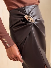 Friends Like These Chocolate Brown PU Manipulated Split Hardware Midi Skirt - Image 3 of 5