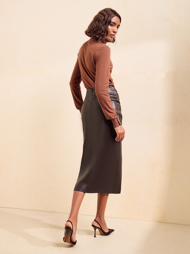 Friends Like These Chocolate Brown PU Manipulated Split Hardware Midi Skirt - Image 5 of 5