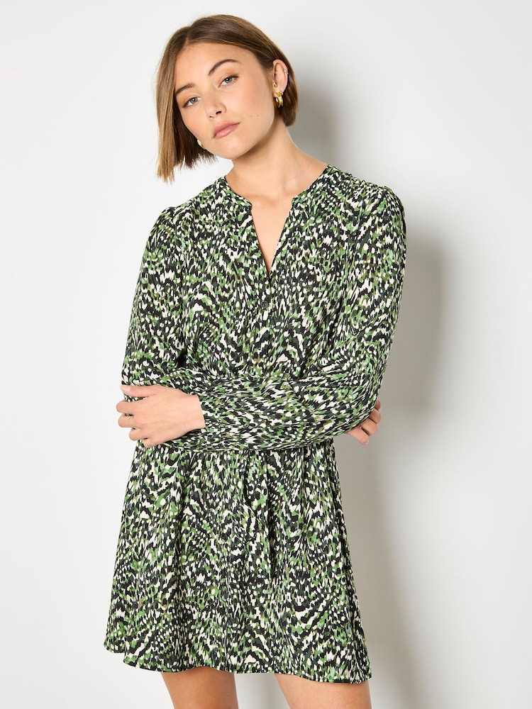 Apricot Green Animal Ikat Print Drawstring Mini Dress - Image 1 of 2