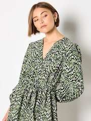 Apricot Green Animal Ikat Print Drawstring Mini Dress - Image 2 of 2