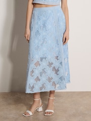 Apricot Blue Floral Mesh Lace Midi Skirt - Image 1 of 3
