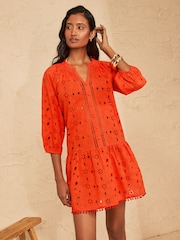 Love & Roses Bright Orange Broderie Mini Kaftan - Image 1 of 4