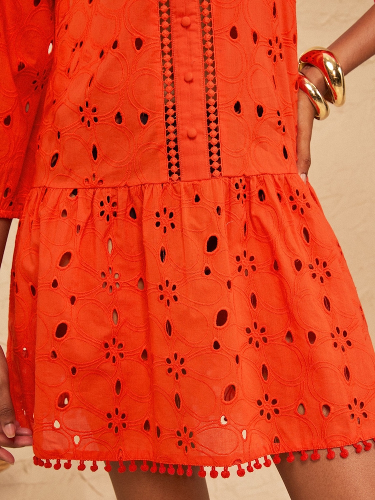 Love & Roses Bright Orange Broderie Mini Kaftan - Image 2 of 4 Love & Roses Bright Orange Broderie Mini Kaftan - Image 2 of 4