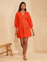 Love & Roses Bright Orange Broderie Mini Kaftan - Image 3 of 4