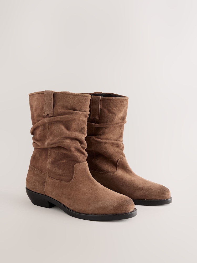 Tan Brown Standard fit Forever Comfort® Suede Slouch Pull On Midi Leather Boots - Image 2 of 5 Tan Brown Standard fit Forever Comfort® Suede Slouch Pull On Midi Leather Boots - Image 2 of 5