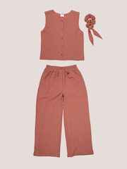 Miss Red Textured Top Wide Leg Trousers And Scrunchie Outfit Set - Image 1 of 6