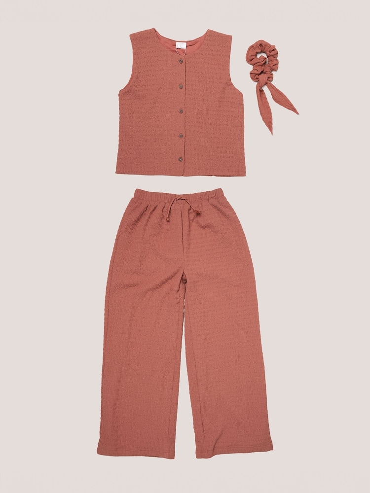 Miss Red Textured Top Wide Leg Trousers And Scrunchie Outfit Set - Image 1 of 6 Miss Red Textured Top Wide Leg Trousers And Scrunchie Outfit Set - Image 1 of 6