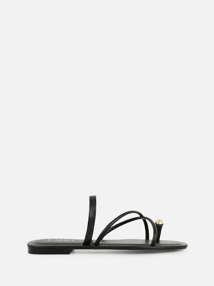 Simmi London Black Zina Gold Detail Toe Thong Flat Sandals - Image 2 of 4