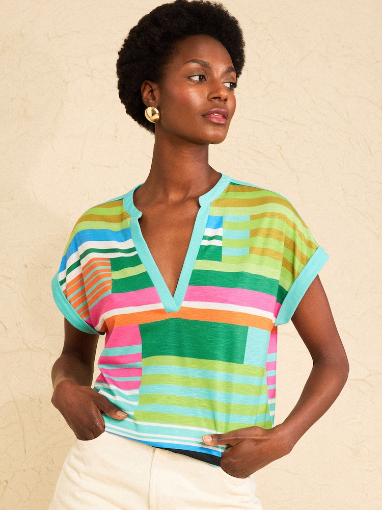 Love & Roses Green Spliced Stripe Notch Neck Jersey T-Shirt - Image 1 of 4