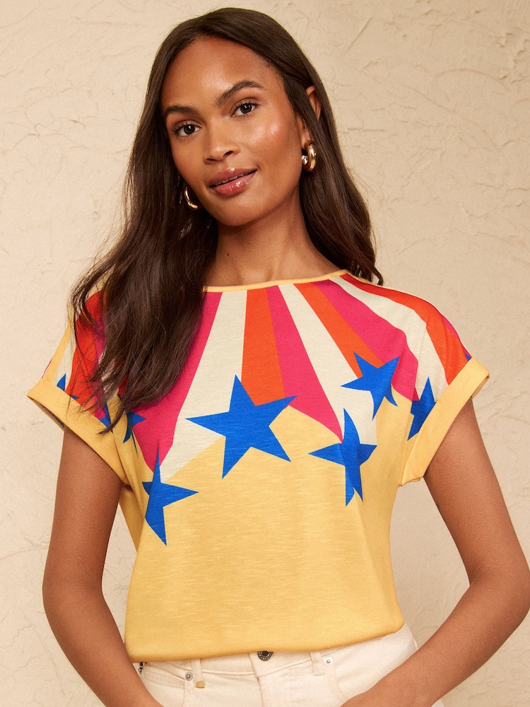 Love & Roses Yellow Star Print Crew Neck Jersey T-Shirt - Image 1 of 4 Love & Roses Yellow Star Print Crew Neck Jersey T-Shirt - Image 1 of 4