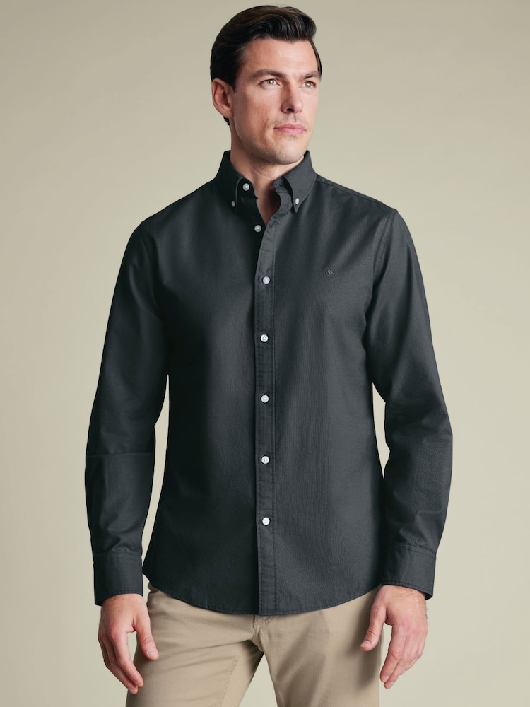 Charles Tyrwhitt Grey Plain Button-Down Stretch Washed Oxford Shirt - Image 1 of 6